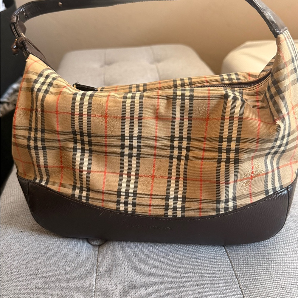 Burberry Beige and Brown Checkered Hobo Bag